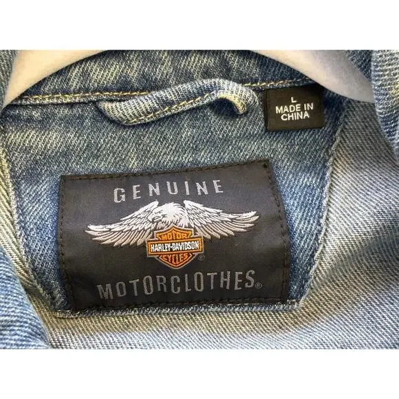 Vintage Harley Davidson Motorcycle Denim Jean Jacket Blue Cotton Men's Size L